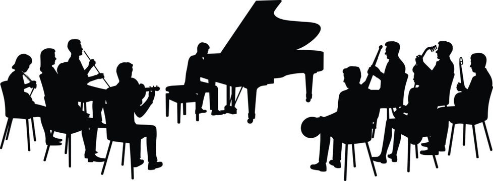 Black silhouette illustration of orchestra ensemble with pianist and diverse musicians playing wind, string, artistic design symbolizing live classical music performance and creative collaboration.