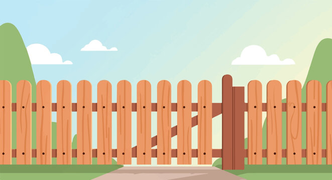 A rustic wooden fence with a gate guards a tranquil countryside vista