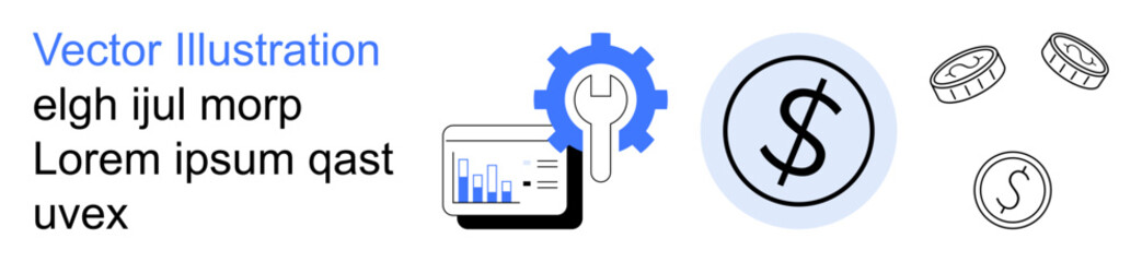 Fototapeta premium Finance, economic strategy, business workflow, fintech, investment planning, and data analysis. Illustrated tools include a chart, dollar sign gear and coins. Finance and business concepts