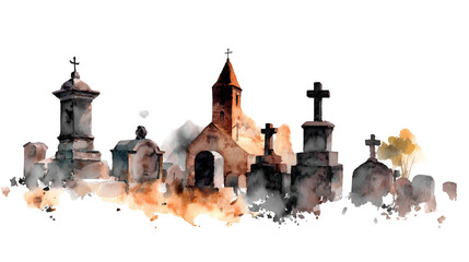 Dark Gothic Watercolor Ancient Graveyard with Church and Crosses