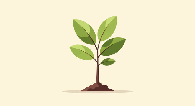 A small green plant sprouts from dark brown soil against a light beige background