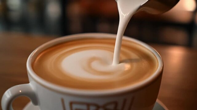 Milk being poured into a cup of coffee on a wooden table in a cafe