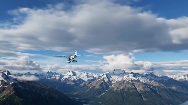 A seaplane soars above snow-capped mountains and fluffy clouds in a bright blue sky