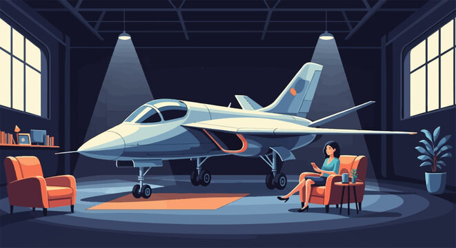 A woman relaxes in a hangar next to a fighter jet