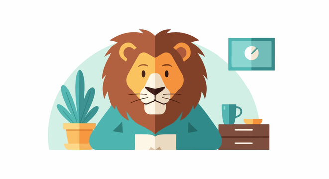 A stylized lion in a teal jacket reads a book at a desk