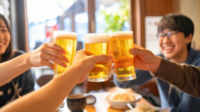 仲間同士でビールグラスを掲げて乾杯する楽しい交流の場面