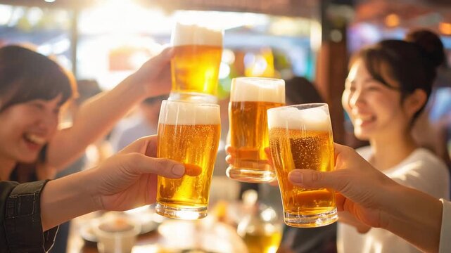 テーブルを囲んでビールで乾杯する人々の賑やかな時間