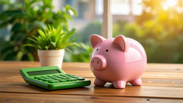 貯金箱と電卓が並ぶ机上風景が家計管理と節約意識を象徴する