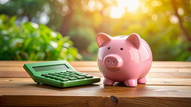 自然光の中で貯金箱と電卓が並び将来に備える家計管理の意識を表す場面