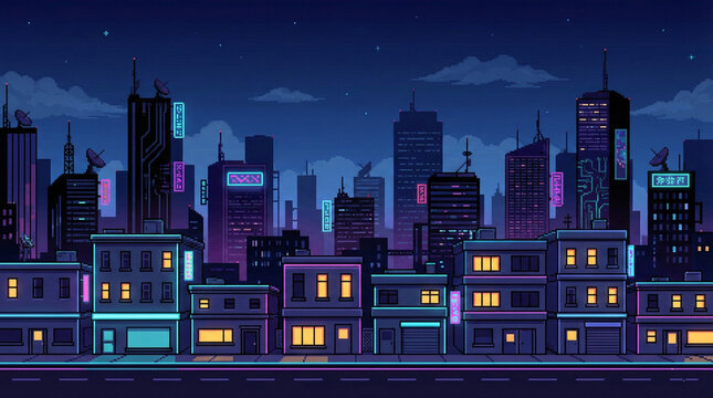 Pixel Art Night City Skyline Game Background with Neon Buildin