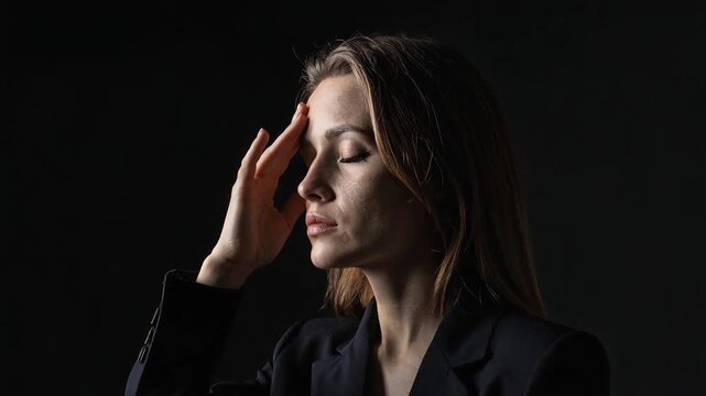額に手を当て目を閉じる女性が強いストレスと疲労を表現する