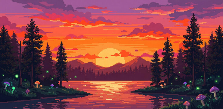 Pixel Art Sunset Lake Landscape Game Background with Forest and Water
