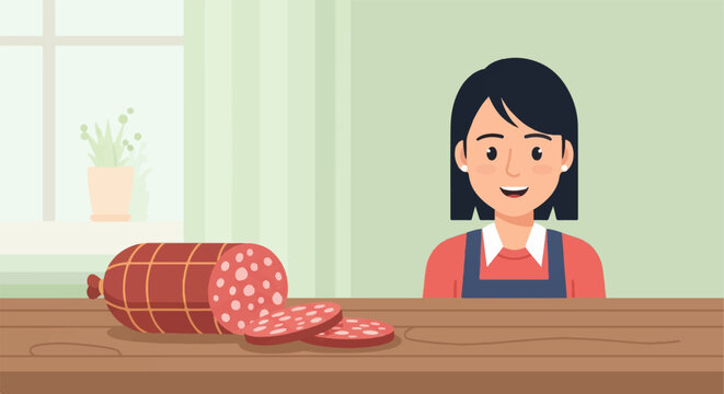 A woman smiles behind a wooden table with sliced salami and a potted plant