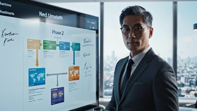 Strategic Visionary: A distinguished professional stands poised before a dynamic display illustrating strategic project phases, his gaze resolute and focused.