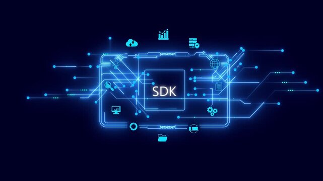 Software Development Kit S D K Technology Concept with Neon Blue Circuit Board and on Dark Background