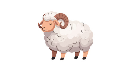 Obraz premium Cartoon-style illustration of a sheep with curved horns and fluffy wool standing against a clean white background.