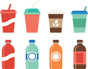 Obraz premium Drink beverage bottles and cups illustration set, takeaway coffee soda juice containers vector icons, refreshment packaging collection design