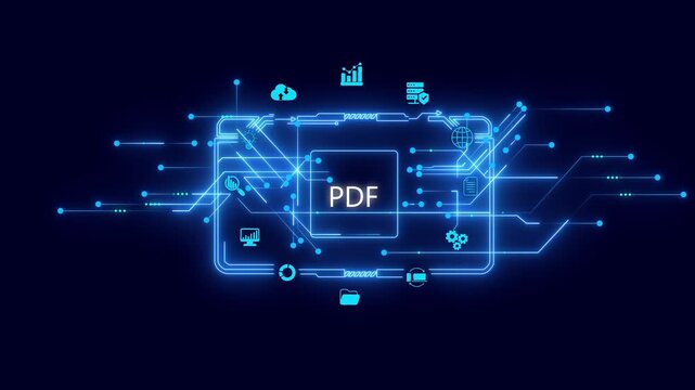 P D F Document Concept with Neon Blue Circuit Board and on Dark Background Technology and Data Exchange Visualization