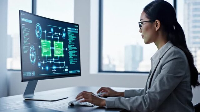 Data Analyst at Work: An intelligent individual immersed in complex data analysis, highlighting the intersection of intellect and technology within a modern office setting.