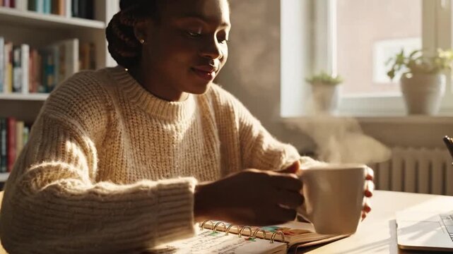 Cozy Moment of a woman with a Cup: A captivating portrayal of a woman, radiating tranquility as she enjoys a warm drink in a cozy setting. capturing serenity. 