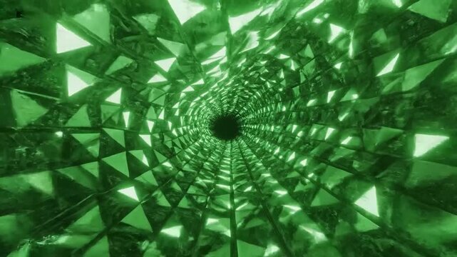 Green tunnel perspective with glowing triangular patterns leading towards a dark hole