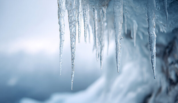 Translucent, elongated icicles with textured icy surface hanging from the edge of a snow-covered ice wall