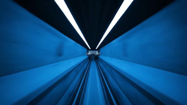 Futuristic city speed, hyperloop train moving fast through blue neon tunnel with light trails, symbolizing data transfer, cyber technology and smart metropolis night