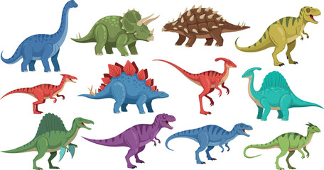 Naklejka premium Collection of various dinosaur species including tyrannosaurus rex triceratops stegosaurus and brachiosaurus isolated on white background vector illustration.