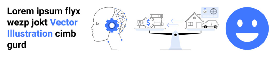 Fototapeta premium Artificial intelligence, financial balance, real estate, decision-making, work, technology. Human head with gear, financial scales and property icons smiling face. Artificial intelligence