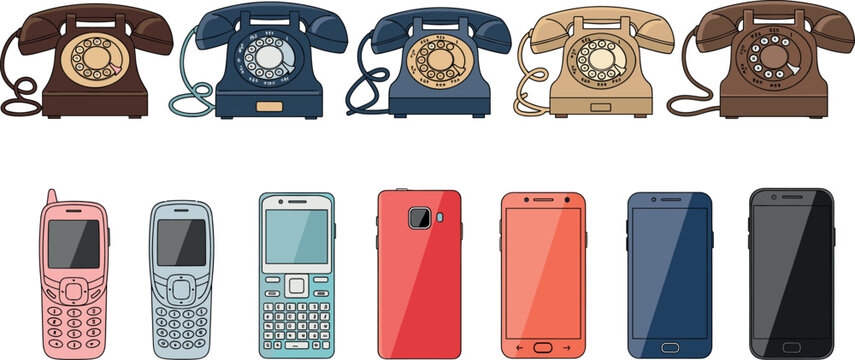 Collection of vintage rotary telephones and modern smartphones set including classic landlines flip phones and touchscreen devices vector illustration.