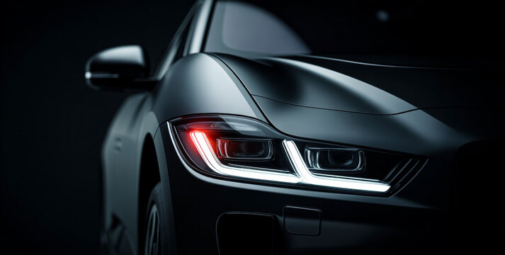 The front headlight assembly on a modern electric car with sleek matte black finish and led lighting elements