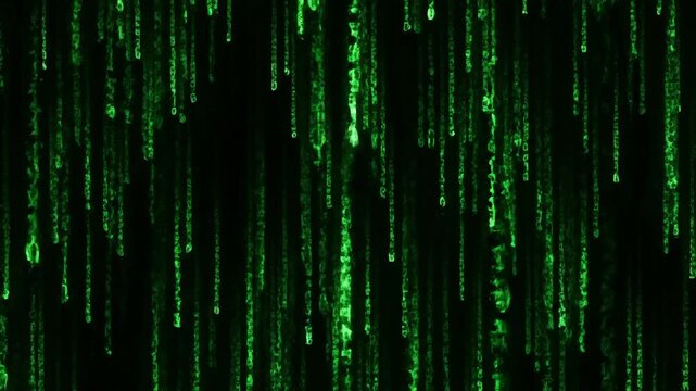 Green digital rain background with falling matrix code lines and binary numbers, abstract computer technology concept for cyber security, hacker, and programming data visualization