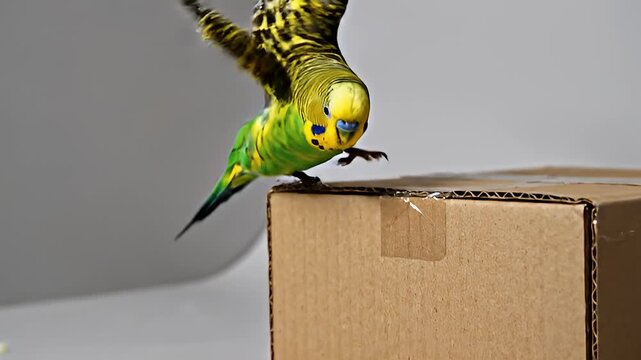 Video Showcasing a Parrot Approaching a Cardboard Box in Studio.