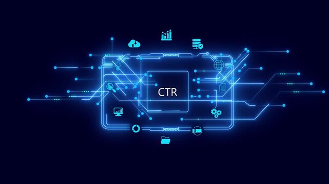 Click Through Rate C T R Concept with Neon Blue Circuit Board and on Dark Background for Business and Technology Presentations