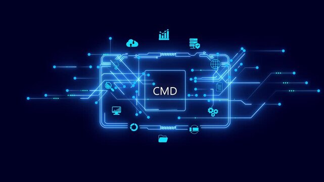 Neon Blue C M D Command Interface with Glowing Circuit Board and on Dark Background for Tech and Programming Concepts