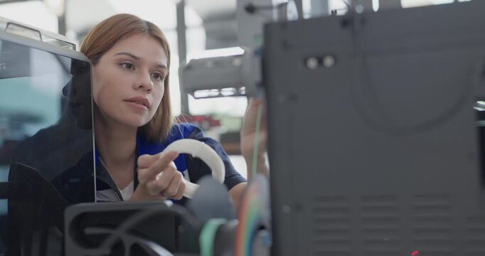 Engineer examines freshly printed 3D component in a workshop , showcasing advanced manufacturing and prototyping technology. Reflecting innovation, precision engineering, industrial design processes
