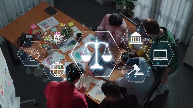 A group of diverse professionals engage in collaborative analysis of legal concepts and data in a modern office, utilizing technology and visual aids for effective discussion. Raster