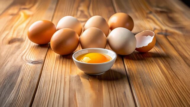 複数の卵と割れた卵黄が並ぶ素朴なキッチンシーン