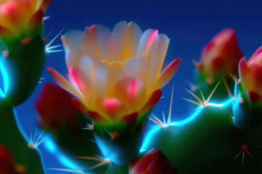Mandacaru Cactus Flower Blooming on Thorny Stems with Neon Accents for Botanical Research and Environmental Education Documentation in a Stylized Natural Habitat