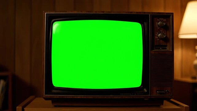 Retro television set displaying analog static noise and transitioning to a green screen chroma key mockup for screen replacement in a vintage wood-paneled room.