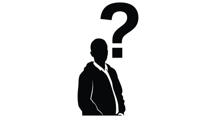 A stark silhouette of a person stands with a large black question mark hovering above their head © nhpvect02