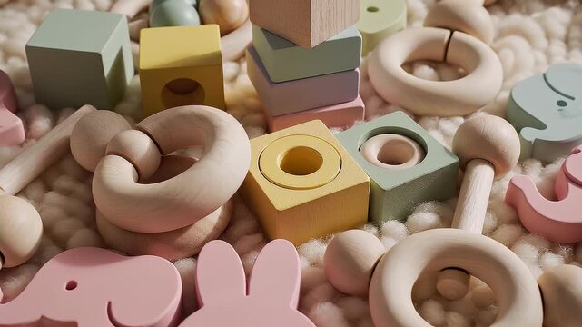 Pastel Wooden and Silicone Baby Toys on Knitted Blanket