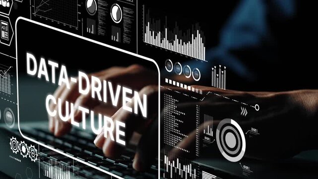 Hands on Keyboard with Data-Driven Culture Concept Overlaid by Digital Graphics and Charts in Dark Environment. Asymptotic smart data analytic.