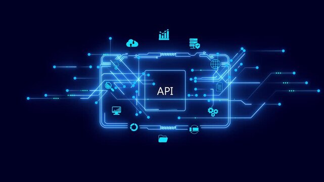A P I integration concept with glowing blue circuit board and on dark background representing data exchange and connectivity
