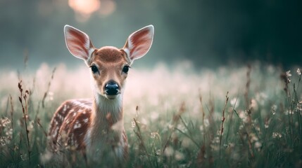 Young Deer Fawn Centered in Spring Meadow with Gentle Sunlight and Dreamy Bokeh, Calm Poetic Wildlife Nature Portrait with Minimal Background