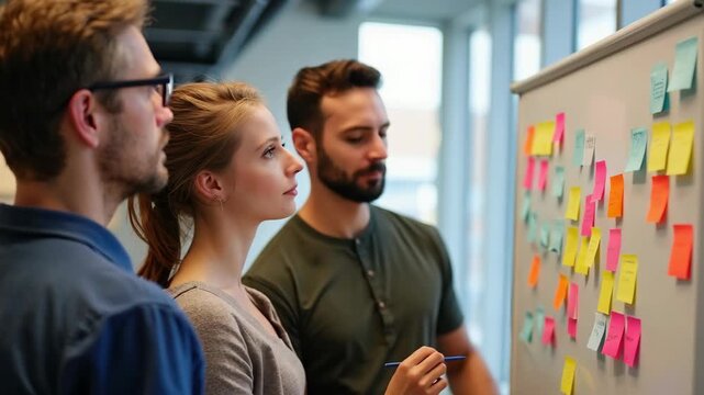 Group of young professionals collaborating on project strategy in modern office, using sticky notes on a whiteboard for brainstorming and creative planning, teamwork and innovation concept.