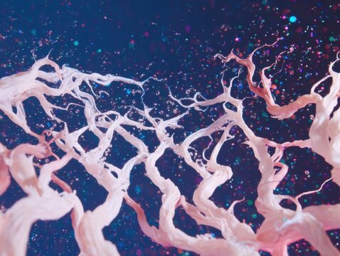 Abstract organic beige structures floating in deep space with colorful shimmering particles for creative background, artistic concept, and digital design use