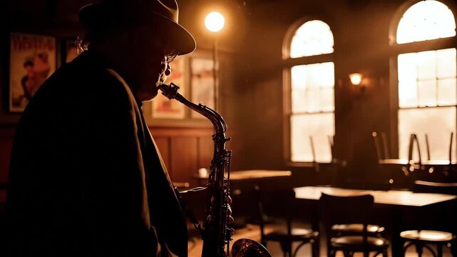 Silhouette of Jazz Saxophonist Performing Live in a Warmly Lit Vintage Bar at Night