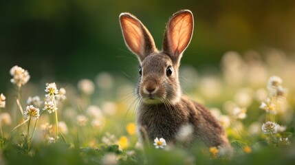 Fototapeta premium Single Cute Rabbit Centered Among Delicate Spring Flowers with Creamy Bokeh and Soft Sunlight, Elegant Minimal Commercial Spring Animal Portrait