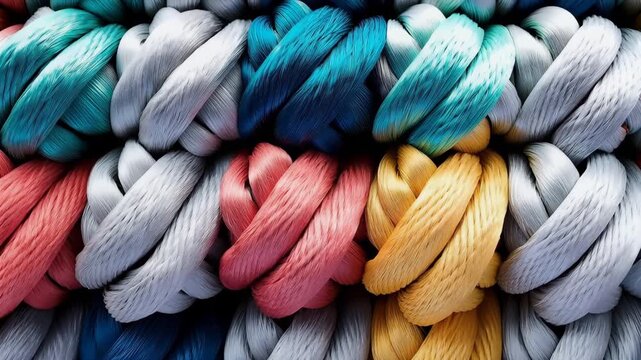 Many bright colored yarn knots fill a large area in a crafting space. Different colors intertwine as hands work on a project. Tools are in sight as the work progresses.